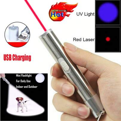 1/2 Three-In-One Pen-Type Flashlight - Pet Ultraviolet Detector, USB Rechargeable Red Light Flashlight, Cat Toy And Emergency Light