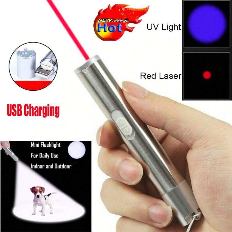1/2 Three-In-One Pen-Type Flashlight - Pet Ultraviolet Detector, USB Rechargeable Red Light Flashlight, Cat Toy And Emergency Light