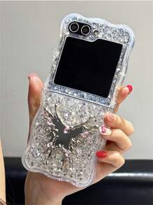 Funda de teléfono plegable con espejo de maquillaje con mariposa de cristal, brillante, con lentejuelas y borde de ola con protección contra golpes, compatible con Samsung Galaxy Z Flip 6, Z Flip 5, Z Flip 4, Z Flip 3, estilo coreano Y2K