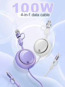 四合一 100W（MAX）快速充电充电器线和可伸缩一拖三线，TPE 充电数据线兼容 Iphone16/15/14/13/12/11/ S24/S23/S22/S21/Vivo/OPPO 系列，兼容小米，兼容华为，兼容 MacBook/iPad/移动电源/Air Pods Pro/iPad，高效充电线，礼物，返校用品兼容 、Android、相机、MP3 通用适配器 - 彩色 - 查看 2