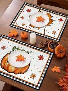 1pc/2pcs/4pcs/600pcs Thanksgiving Pumpkin & Maple Leaf Polyester Placemats - White Base With Black & White Bordered Frame, Paired With Orange Pumpkin And Maple Leaf Patterns, Accentuating Autumn Colors And Holiday Ambiance, Suitable For Thanksgiving Gatherings, Home Dining, Kitchen Decor And More - Multicolor - View 3