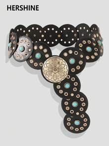 1 szt. Turkusowy pasek damski w stylu vintage, styl boho, styl zachodni, złoty pasek z okrągłą klamrą i ozdobnymi przelotkami, jednolity kolor, boho, skórzany pasek ze skóry PU, odpowiedni do sukienek, spódnic, koszul, spodni, szkoły, na wakacje, na co dzień, na imprezy