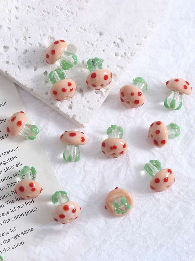 2/5/10 件蘑菇玻璃珠用于手链制作手绘蘑菇玻璃珠 DIY 珠宝吊坠耳环配件 - 蘑菇玻璃珠 - 查看 10