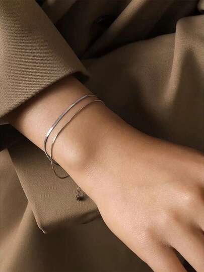 Nooxian 1pc Women's Minimalist Stainless Steel Double Layer Blade Chain Bracelet