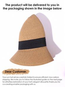 1pc Flat Top Flat Brim Beige Woven Straw Hat - Beige + Rice Ribbon - View 6