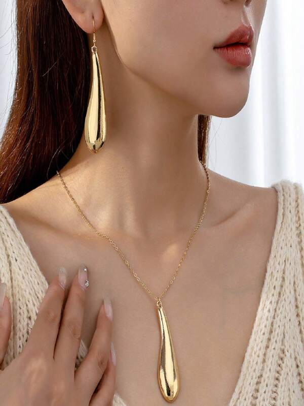 New Jewelry Set, Exaggerated Water Drop Pendant Necklace, Punk Style Necklace & Earrings, Versatile & Minimalist