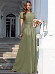 Volly Toych Elegant Matcha Green Long Bridesmaid Dress, Round Neck Ruffle Short Sleeve, Flowing Chiffon Fabric, Suitable For Weddings - Matcha - View 5