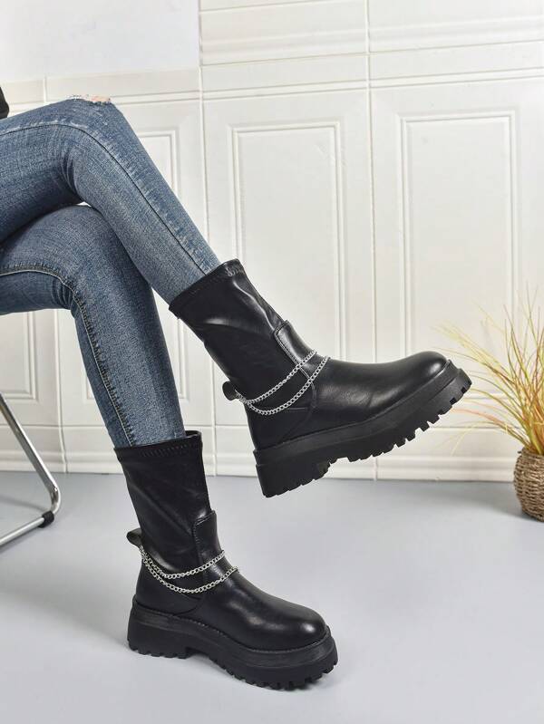 Women's Thick Sole Mid-Calf Boots, Comfortable Slip-On Boots, Retro Metal Chain Decor, Chunky Heel Elastic Boots, Thick Sole Anti-Slip Fashion Boots, Suitable For Outerwear, Formal Outfits, Warm For Autumn/Winter