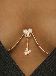 1pc Gold-Color New Sexy Party Butterfly Bustier Body Chain, Rhinestone Decor Chest Bra Chain, Fashion Nightclub Style For Women
