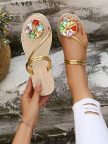 2025 新款时尚圆形装饰哑光平底女凉鞋，四季流行宝石度假风格欧美加大码简约趾环带拖鞋，轻质水钻侧条纹纯色橡胶鞋底 - 黃色 - 查看 4