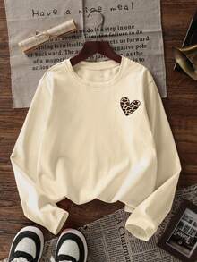 1pc Tween Girl Casual Printed Long Sleeve T-Shirt, Spring & Autumn, Young Student Apparel, Fashionable, Warm & Comfortable Design For Tween Girls - Apricot - View 3