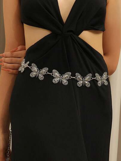 1pc Vintage Gold/Silver Hollow Butterfly Engraved Metal Waist Chain, Versatile Accessory For Jeans, Skirts