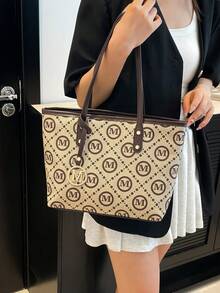 1 件白色复古花卉字母装饰金属五金 PU 手提包，大容量女士单肩包（金属吊坠左/右随机，不固定）