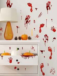 1pc Halloween Bloody Handprint & Footprint Glass Window Sticker, Horror Haunted House Scene Decor, Window Accessory Home Decor Halloween Decor Room Decor Fall Decor Autumn Decor - Multicolor - View 2