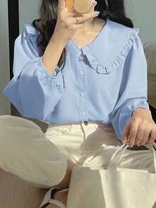 女士休闲优雅翻领衬衫，春夏款 - 藍色 - 查看 4