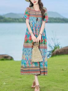 FANMUER Abito midi boho da donna con tasche, linea ad A, collo rotondo, maniche corte, stampa floreale colorata in tessuto tessuto, stile estivo