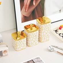 1 件方形裂纹釉白色陶瓷罐带盖，密封储物罐，用于存放谷物、零食、桌面收纳盒，带珍珠手柄 - 彩色 - 查看 7