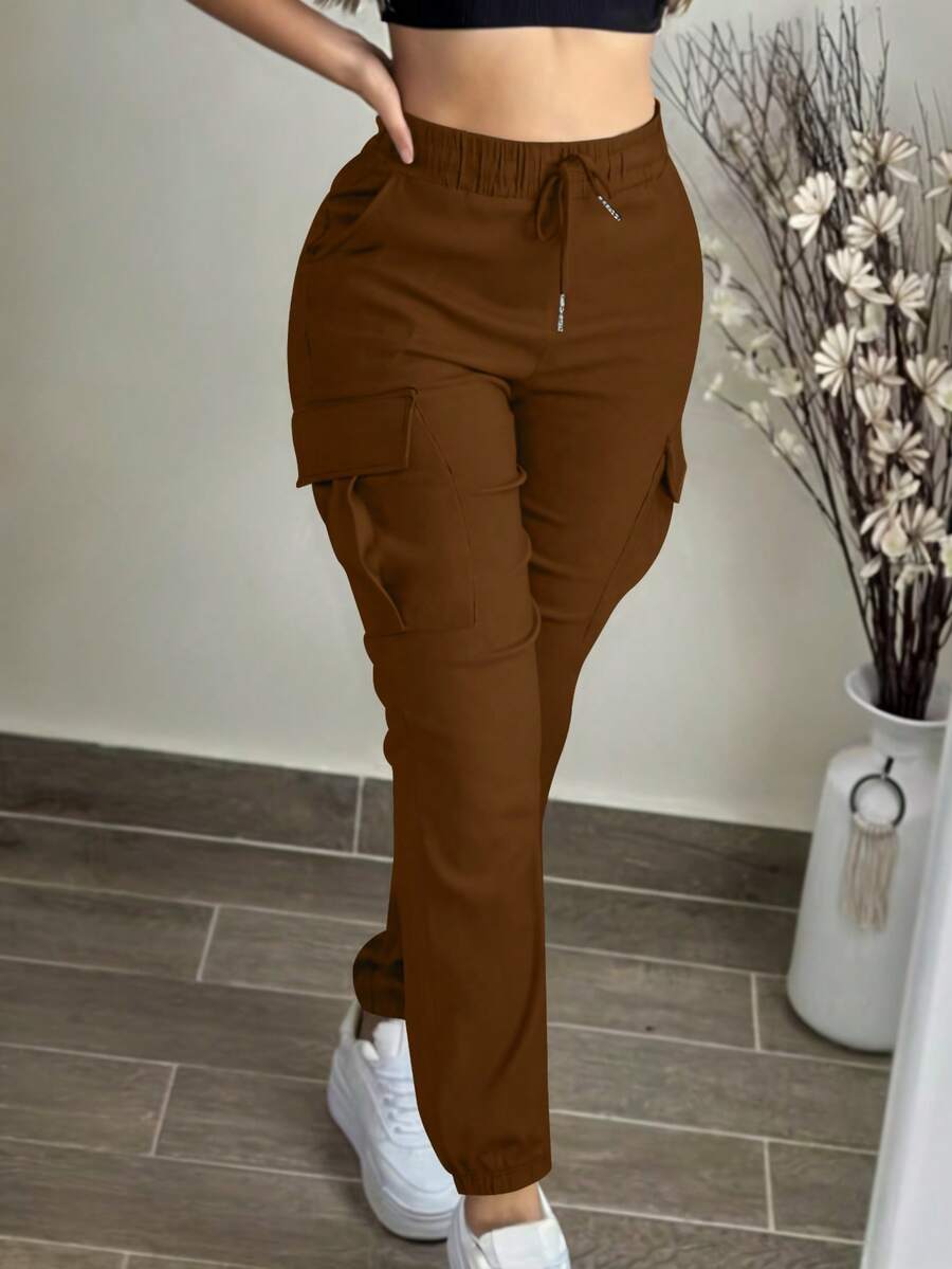 Women's Fashion Casual Solid Color Minimalist Pocket Elastic Waist Drawstring Cargo Pants Spring - Brown - View 1