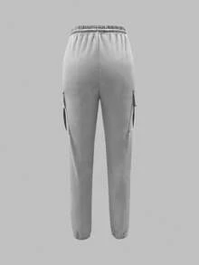 Quần cargo nữ thời trang thanh lịch, màu trơn, dáng casual, có túi, cạp chun, dây rút, thích hợp cho mùa xuân. - Xám - Xem 4