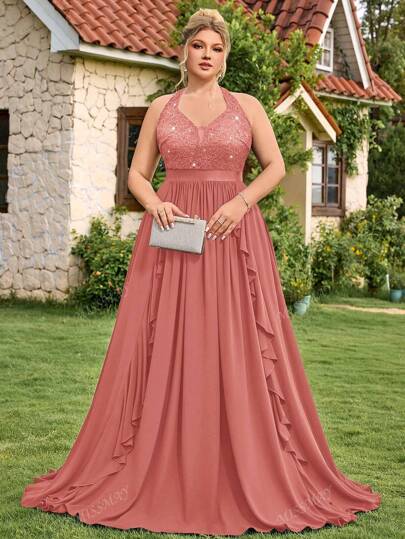 Vestido maxi elegante de gasa con cuello en V profundo, con lentejuelas, encaje floral, cuello de corbata, volantes de contraste para fiestas formales, bailes de graduación, bodas y otros eventos formales