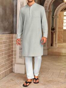 Runcati Men's Cotton Thobe Kaftan Robe Long Sleeve Henley Button Down Casual Side Split Gown Shirt - 灰色 - 查看 3