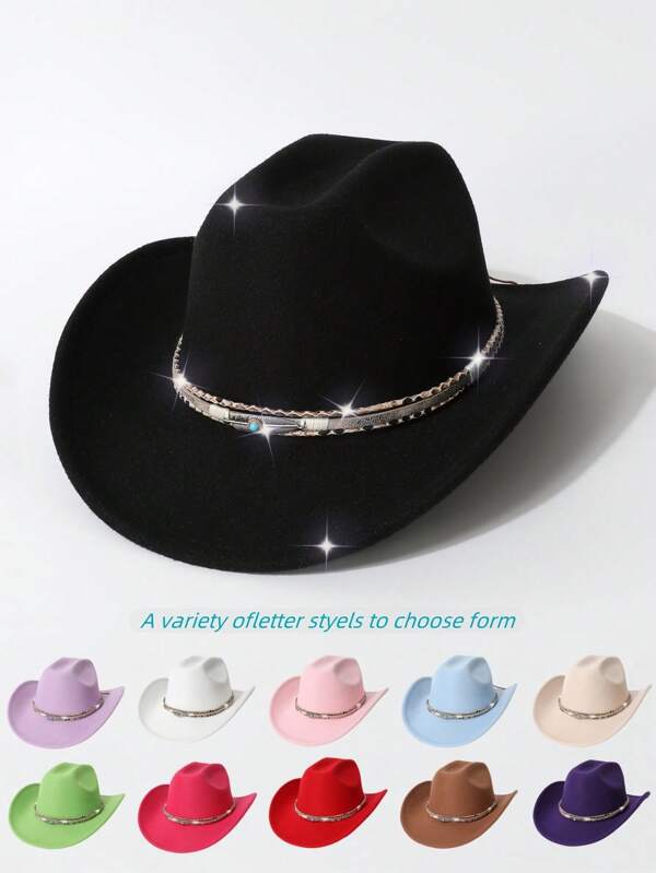 1 pieza Sombrero de fieltro de mujer de unicolor con ala, combinado con cinturón ancho de estampado de leopardo y decoración de ojos de metal, adecuado para exteriores, fiestas, estilo vaquero, unisex