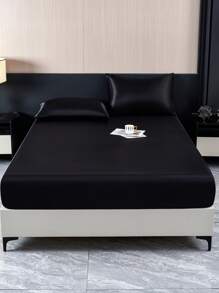 3pcs Solid Color Black Satin Fitted Sheet Set Simulation Silk Fitted Sheet Set With 1pc Fitted Sheet+2pcs Pillow Case Without Filler, Modern Soft Bedding Set For Household Sheet Deep Pocket Up To 13.8 Inch Satin Pillowcase, Soft Breathable Wrinkle-Free Better For Sleep, Luxury Hotel Style, Gift For Mom Dad Friend Domitory Bedding Back School Bedding