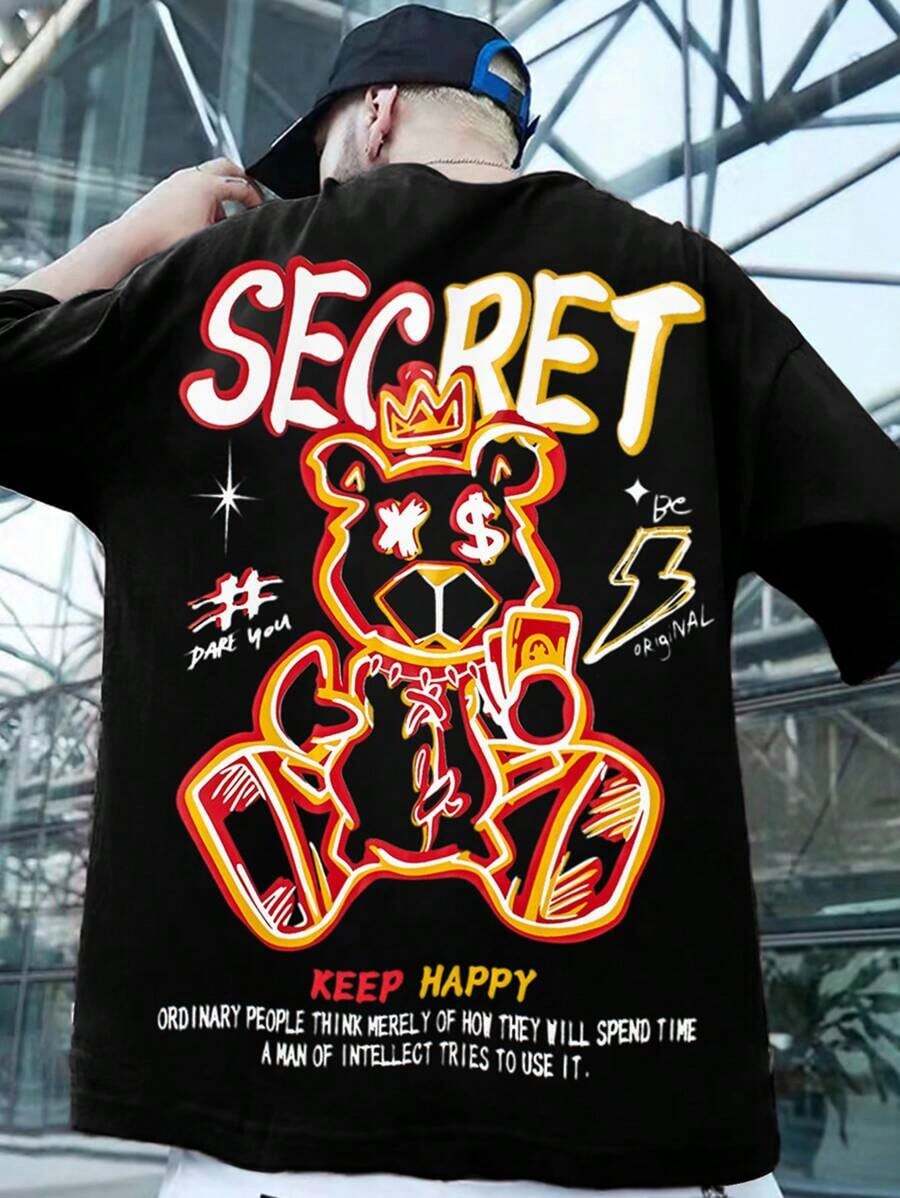 Manfinity Roghcode Men's Loose Fit T-Shirt With Slogan And Cartoon Graphic - Black - View 1