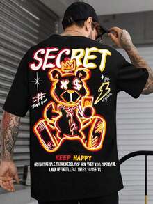 Manfinity Roghcode Men's Loose Fit T-Shirt With Slogan And Cartoon Graphic - Black - View 2