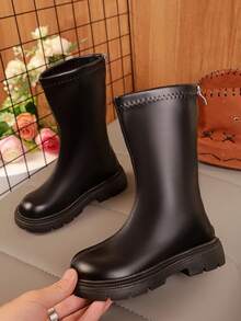 1 双女童经典黑色中筒靴，纯色柔软 PU 材质圆头厚底舒适防滑后拉链设计，时尚简约马靴适合日常、派对、休闲穿着，秋冬新款 - 黑色 - 查看 1