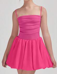 EXARUS Girls Flowy Ruffled Hem/Puff Bubble Dress Teen Ruched Summer Adjustable Spaghetti Strap Casual Cami Mini Dresses - 玫紅色 - 查看 3