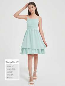 EXARUS Girls Flowy Ruffled Hem/Puff Bubble Dress Teen Ruched Summer Adjustable Spaghetti Strap Casual Cami Mini Dresses - 薄荷綠 - 查看 5