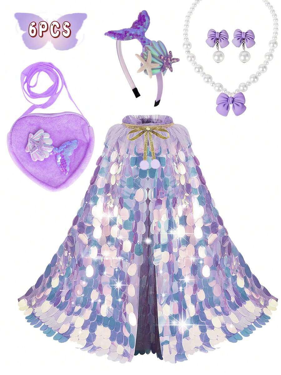 6Large Sequin Cape, Fish Tail Hair Accessory, Fish Tail Bag, Heart Bag, Faux Pearl Necklace, Bowknot Pendant, Mermaid Suit, Very Suitable Sending A Princess Gift Set To A Good Friend, Very Suitable For Dressing Up, Vacation, Daily Collocation, Easter, Halloween, Birthday Party, Christmas Gift, Party, Thanksgiving, Dress.