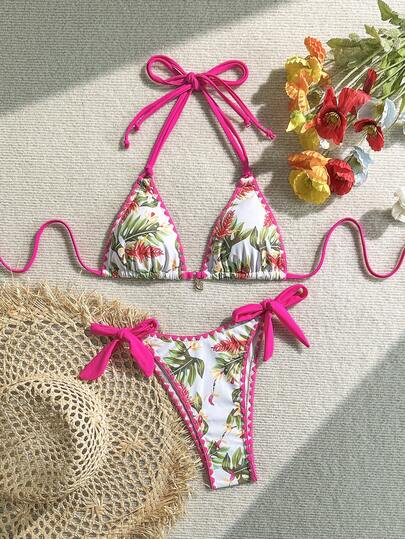 女士泳衣花卉印花叶形花蕾性感系带两件套泳衣，适合海滩度假和旅行，春夏新品