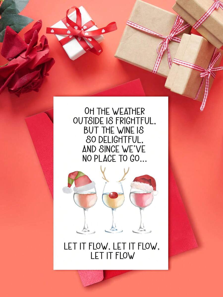 1 pièce Carte de Noël amusante avec enveloppe - Carte de vœux de fête pour amateur de vin, design festif "Laissez-le neiger" pour les amis, la famille et les collègues - Multicolore - Voir 1
