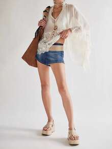 Women's Y2k Summer Sheer Poncho Tops Solid Color Batwing Sleeve Loose Fit T-Shirts Blouses Fairy Grunge Oversized V Neck Lace See Through Flowy Tops - 白色 - 查看 4