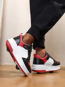 1 Pair New Hook And Loop Kids Shoes, Black Lace-Up Design, TPR Thick Sole, Black White Red, Single Row Single Wheel, Leather Red Heel Strap, Round Toe Low-Top, Waterproof, Children Sports Shoes, Suitable For Indoor/Outdoor, All Season, Girls/Boys Roller Skate Shoes, Fashion & Comfortable LC183 - black red - View 4