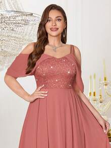 Colorblock Sequin Off-Shoulder Chiffon Formal Party Maxi Dress, Elegant Ball Gown, Wedding Guest Dress, Graduation Ceremony, Banquet, Evening Gown - Dusty Pink - View 7