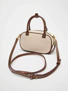 2025新款复古拼色手提包帆布PU小方形单肩包 - 杏色 - 查看 2