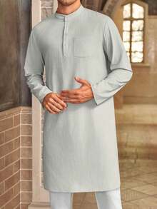 Runcati Men's Cotton Thobe Kaftan Robe Long Sleeve Henley Button Down Casual Side Split Gown Shirt - 灰色 - 查看 2