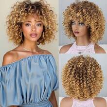 14-Inch Fluffy African Curly Hair Wig With Short Curly Fringe. Made Of Synthetic High-Temperature Resistant Material. Suitable For Daily Wear And Parties. All Saints' Day - Vàng - Xem 2