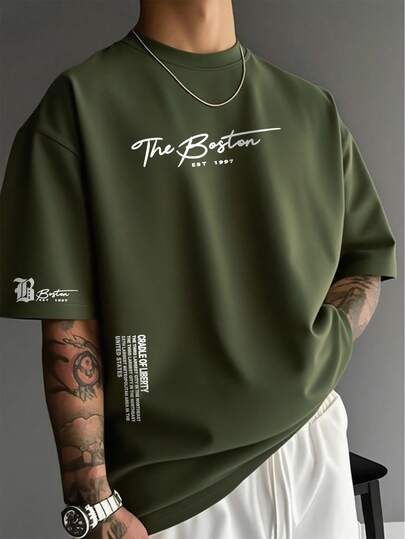 Men's Casual Slogan Print Short Sleeve T-Shirt, Summer