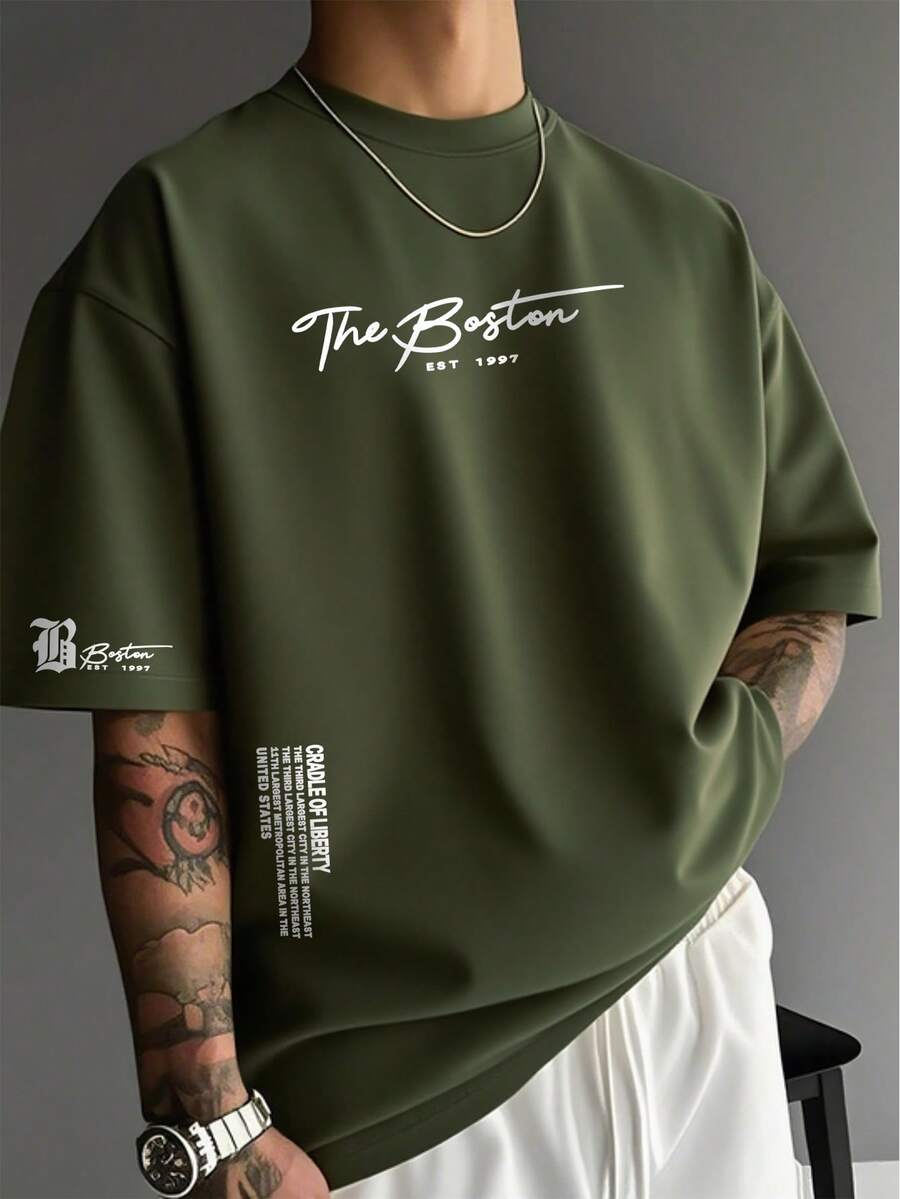 Men's Casual Slogan Print Short Sleeve T-Shirt, Summer