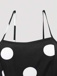 女士波点吊带连衣裙，系带腰身，喇叭裙摆，搭配针织开衫，波西米亚风印花夏季度假装扮 - 黑與白 - 查看 7