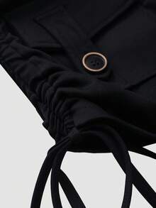 返校季运动瑜伽工装短裤，弹力褶皱提臀宽腰带翻盖口袋侧边松紧抽绳，舒适高品质魅力健身骑行短裤，女士万圣节服装，黑色夏季款 - 黑色 - 查看 4