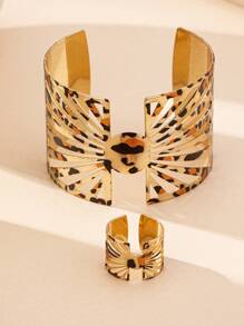 2pcs Women Jewelry Set, Leopard Print & Hollow Geometric Design Bangle Bracelet & Ring Set, Vintage Exaggerated Sexy, Suitable For Party, Banquet And Daily Wear