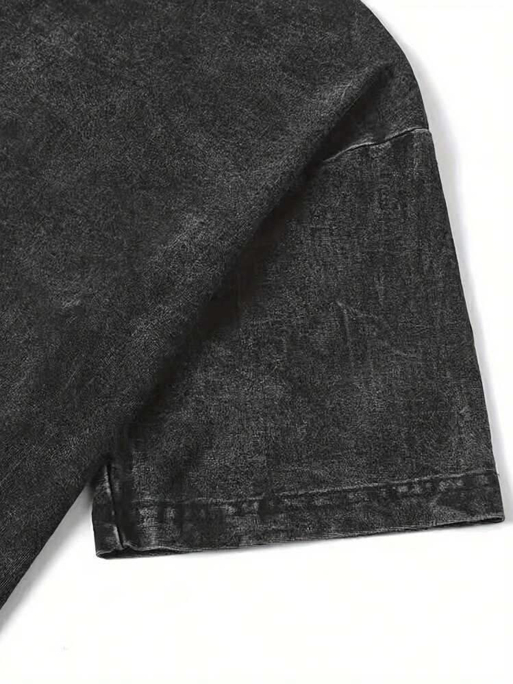 Camiseta de algodón puro para hombres estilo callejero de Nueva York - 230g lavada, mangas caídas, cuello redondo, manga corta, negra - Negro - Añade 4