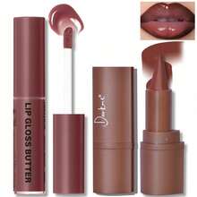 Lip Liner And Gloss Set, Dark Brown Plumping Lip Liner Lip Pencil Moisturizing Lightweight Lip Gloss Lip Combo, High Shine Glossy Lip Tint Lip Stain Makeup Long Lasting Lip Care For Women - 03 深紅色 - 查看 1