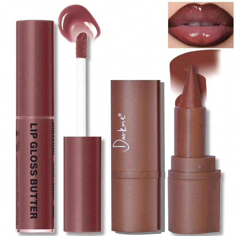 Lip Liner And Gloss Set, Dark Brown Plumping Lip Liner Lip Pencil Moisturizing Lightweight Lip Gloss Lip Combo, High Shine Glossy Lip Tint Lip Stain Makeup Long Lasting Lip Care For Women - 03 深紅色 - 查看 1