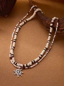 2 件时尚串珠项链，独特高端太阳吊坠双层颈链，男女款夏季休闲项链，情侣项链 - 彩色 - 查看 5